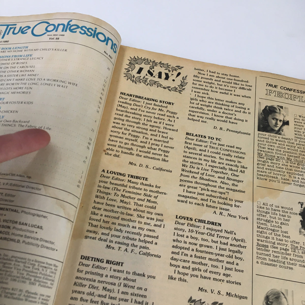 Close-up of an editorial page from VTG True Confessions Magazine August 1980, showcasing reader letters and personal stories including 'Heartbreaking Story' and 'A Loving Tribute.' Title: 'VTG True Confessions Magazine August 1980 My Mother's Strange Legacy No Label.'