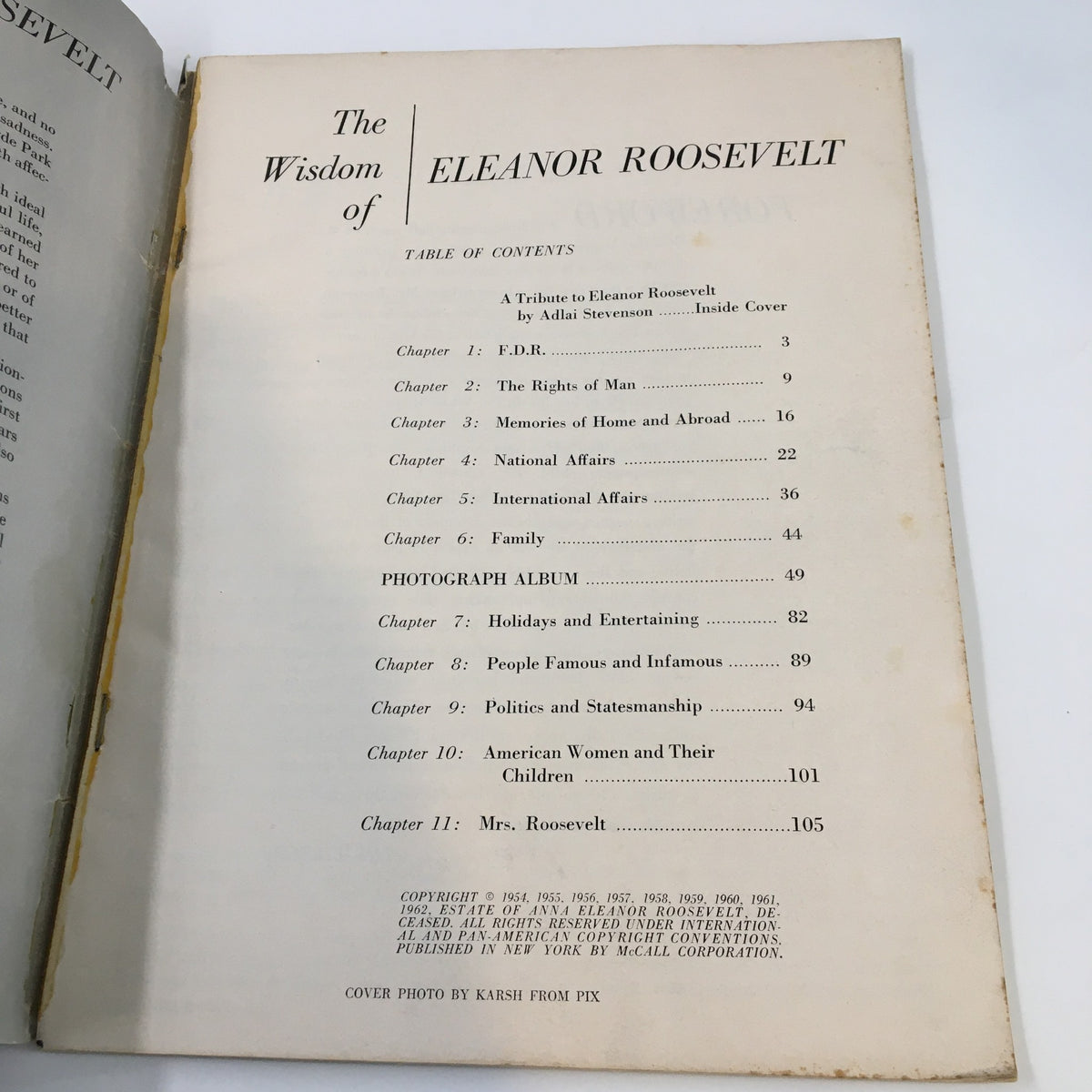 Interior page of '1962 A Tribute To The Wisdom of Eleanor Roosevelt' displaying the table of contents, outlining chapters on Eleanor Roosevelt's life and contributions.