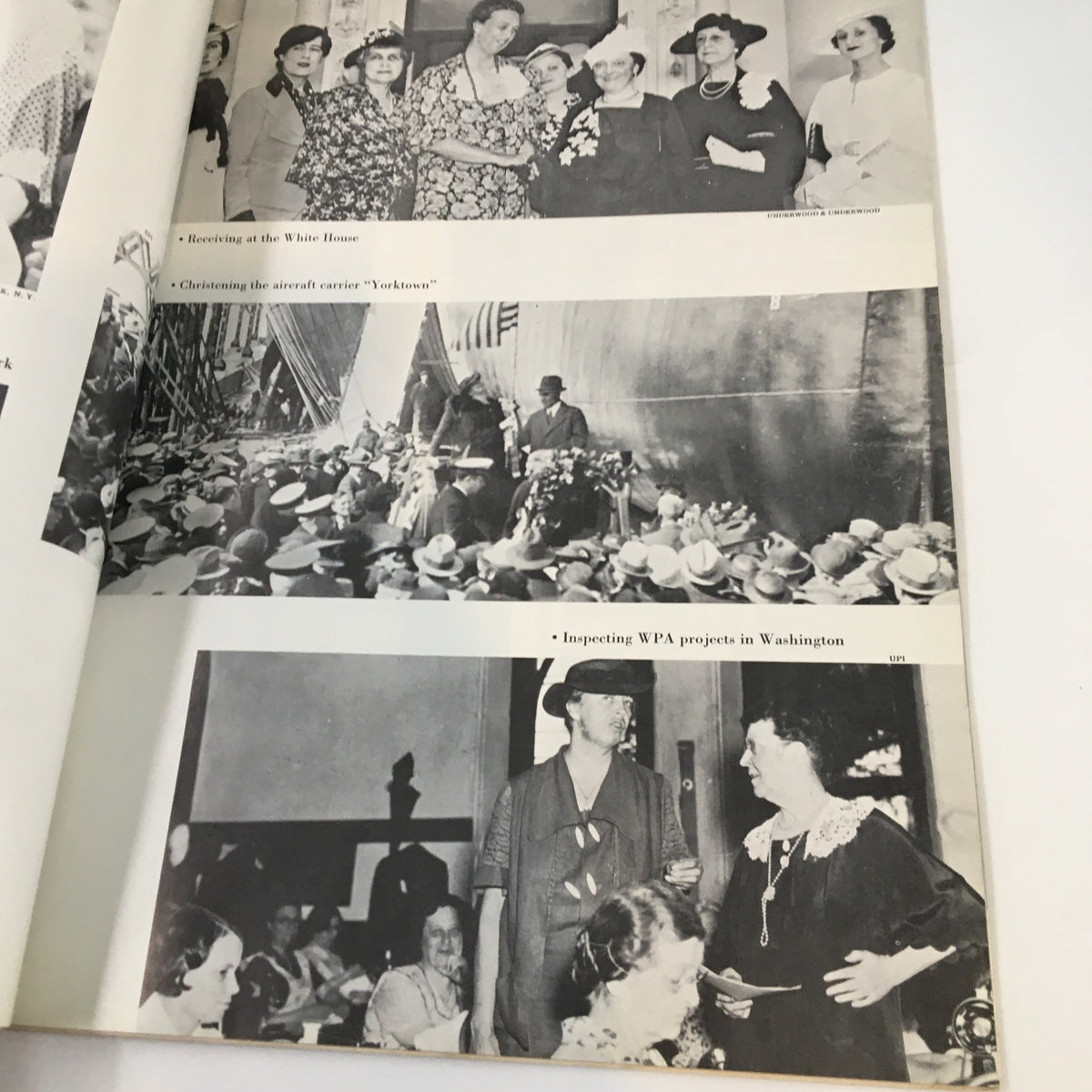 Historic images on a page from '1962 A Tribute To The Wisdom of Eleanor Roosevelt' depicting Eleanor Roosevelt's involvement in various events.