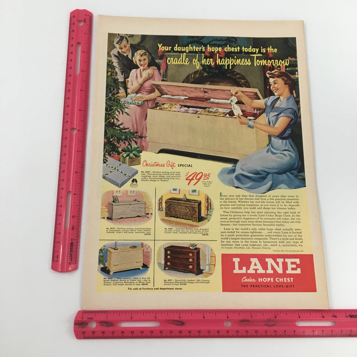Close-up of the 1950s Lane Hope Chest advertisement with a detailed display of various hope chests, emphasizing their importance as a timeless gift for daughters.