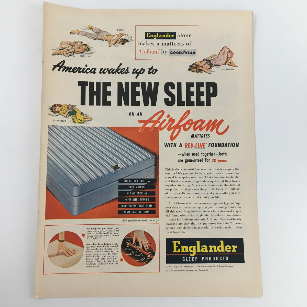 1950 Planters Cocktail Salted Mixed Peanuts Vacuum Packed Vintage Print Ad featuring a retro advertisement layout with prominent text and illustrations of a mattress and people enjoying leisure.