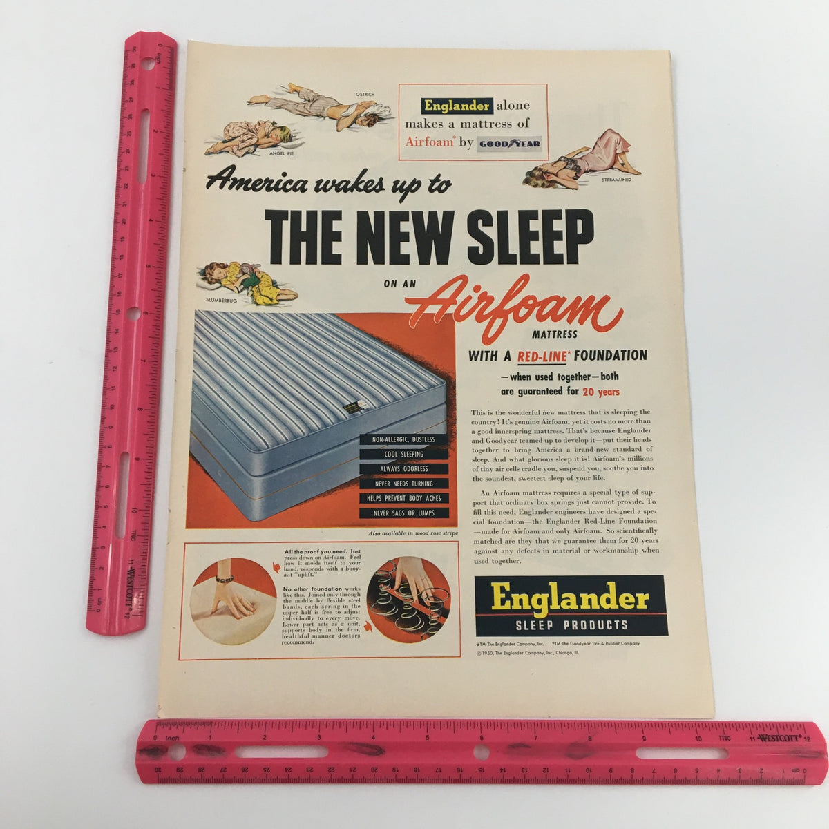 1950 Planters Cocktail Salted Mixed Peanuts Vacuum Packed Vintage Print Ad alongside a ruler for scale, showcasing the classic mattress design and mid-century style, perfect for collectors.
