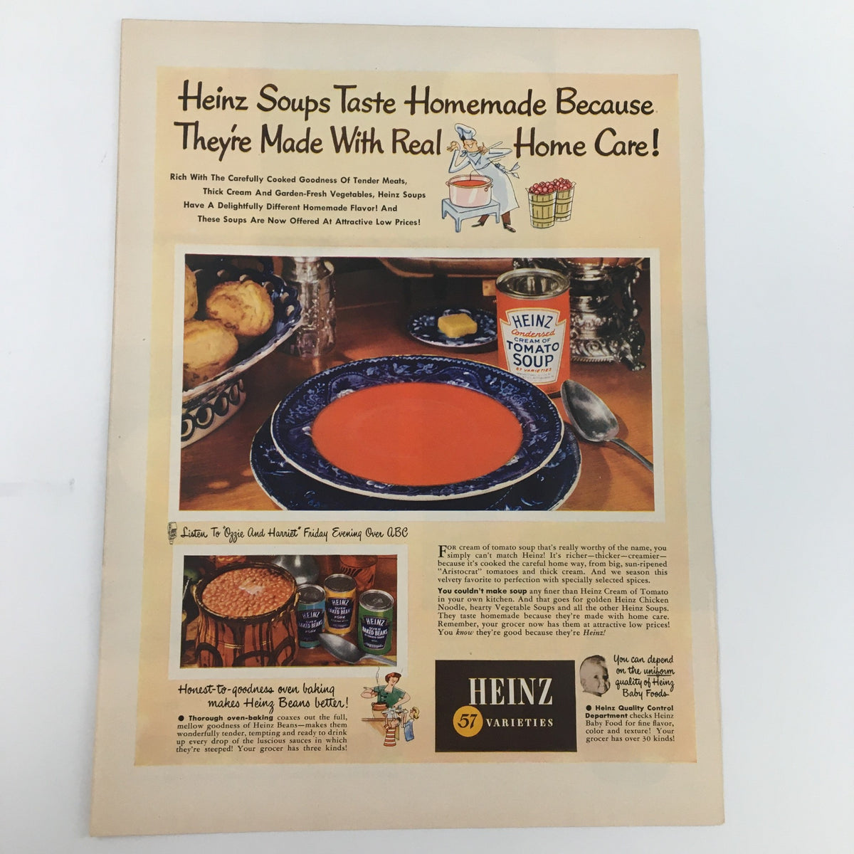 Vintage Heinz Soups advertisement showcasing a table set with tomato soup and assorted dishes, emphasizing homemade quality and care.