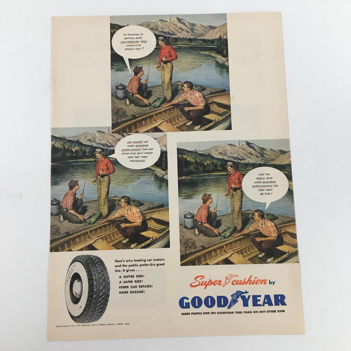 1950 Super Cushion by Goodyear Tire & Rubber Company Vintage Print Ad featuring a fishing scene with men discussing tire benefits alongside a picturesque lake backdrop.