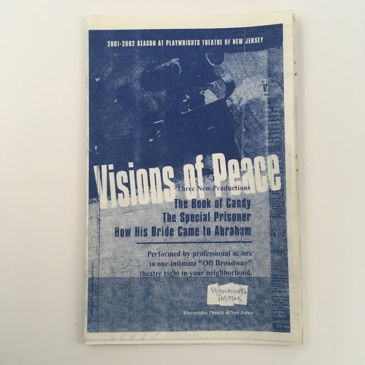 2002 How His Bride Came To Abraham by Karen Sunde with Playwrights Theatre, featuring the promotional cover of the 'Visions of Peace' magazine highlighting three new productions including 'How His Bride Came To Abraham'.