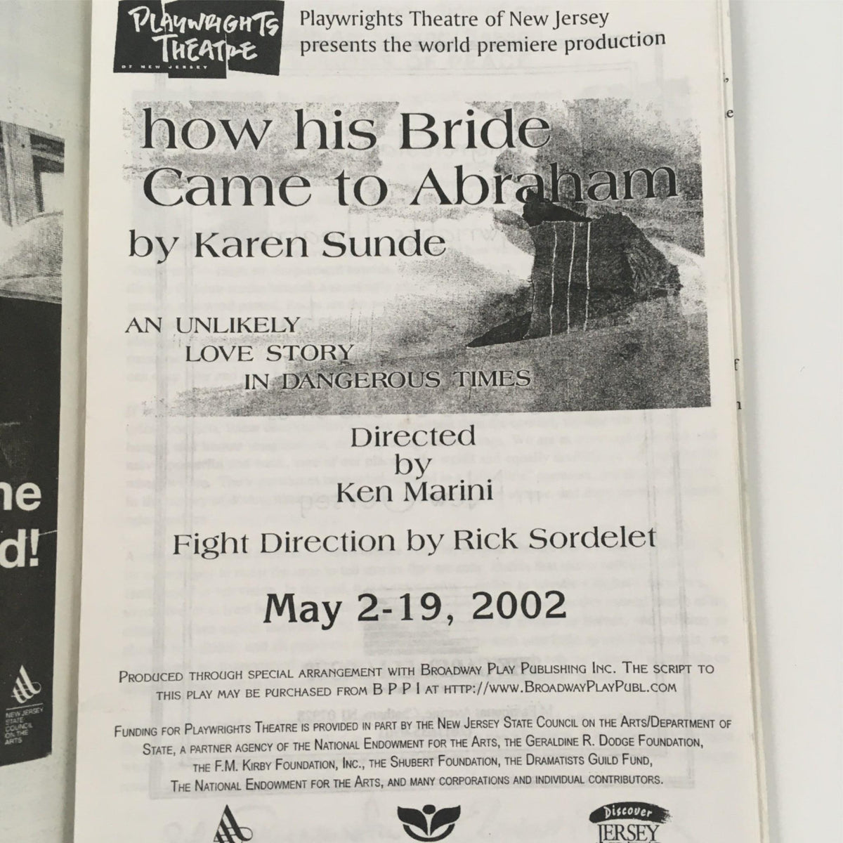 2002 How His Bride Came To Abraham by Karen Sunde with Playwrights Theatre, showcasing the detailed production information including director Ken Marini and fight direction by Ken Sordelet, as presented by Playwrights Theatre of New Jersey.