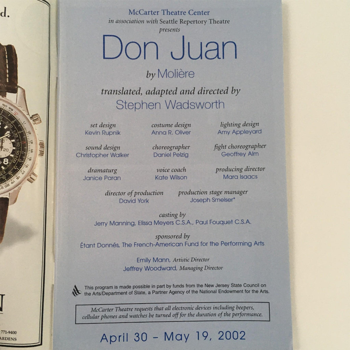 Program details for the 2002 Don Juan by Moliere at McCarter Theatre Center, listing the cast, crew, and production credits including Stephen Wadsworth.