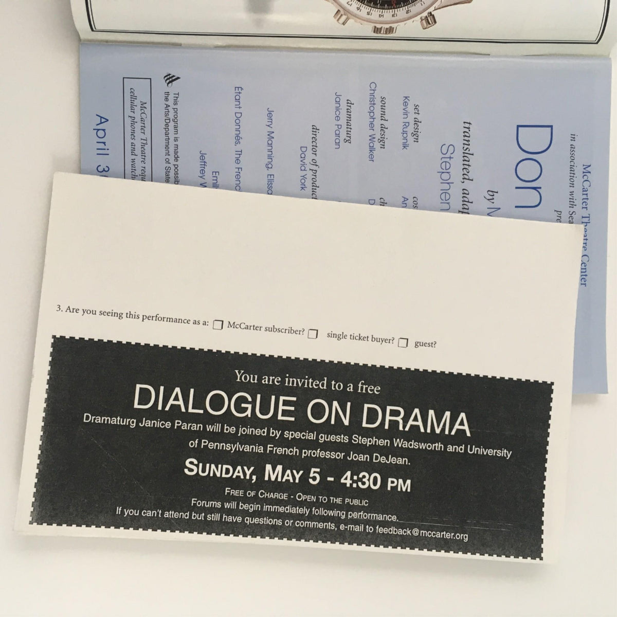 Invitation card for the Dialogue on Drama event related to the 2002 Don Juan by Moliere at McCarter Theatre Center, featuring guest speaker information and event details.