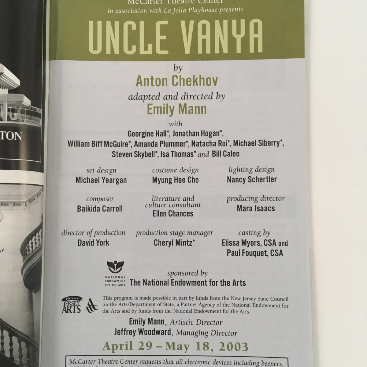 Program details for 'Uncle Vanya' by Anton Chekhov, adapted and directed by Emily Mann, featuring cast and crew information at McCarter Theatre Center.