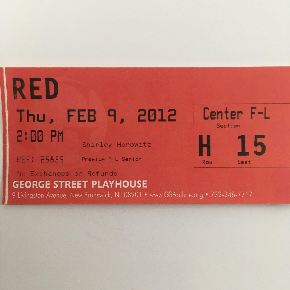 Ticket for the 2012 George Street Playhouse performance of Red, dated February 9, 2012, featuring seat and section details.