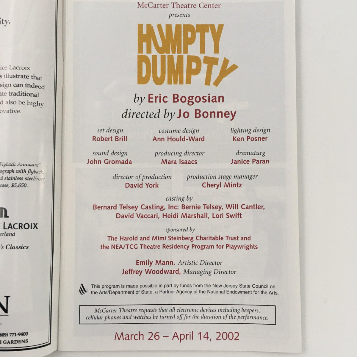 Inside page of the 2002 play 'Humpty Dumpty' by Eric Bogosian and Jo Bonney, showcasing the cast and crew credits at McCarter Theater.