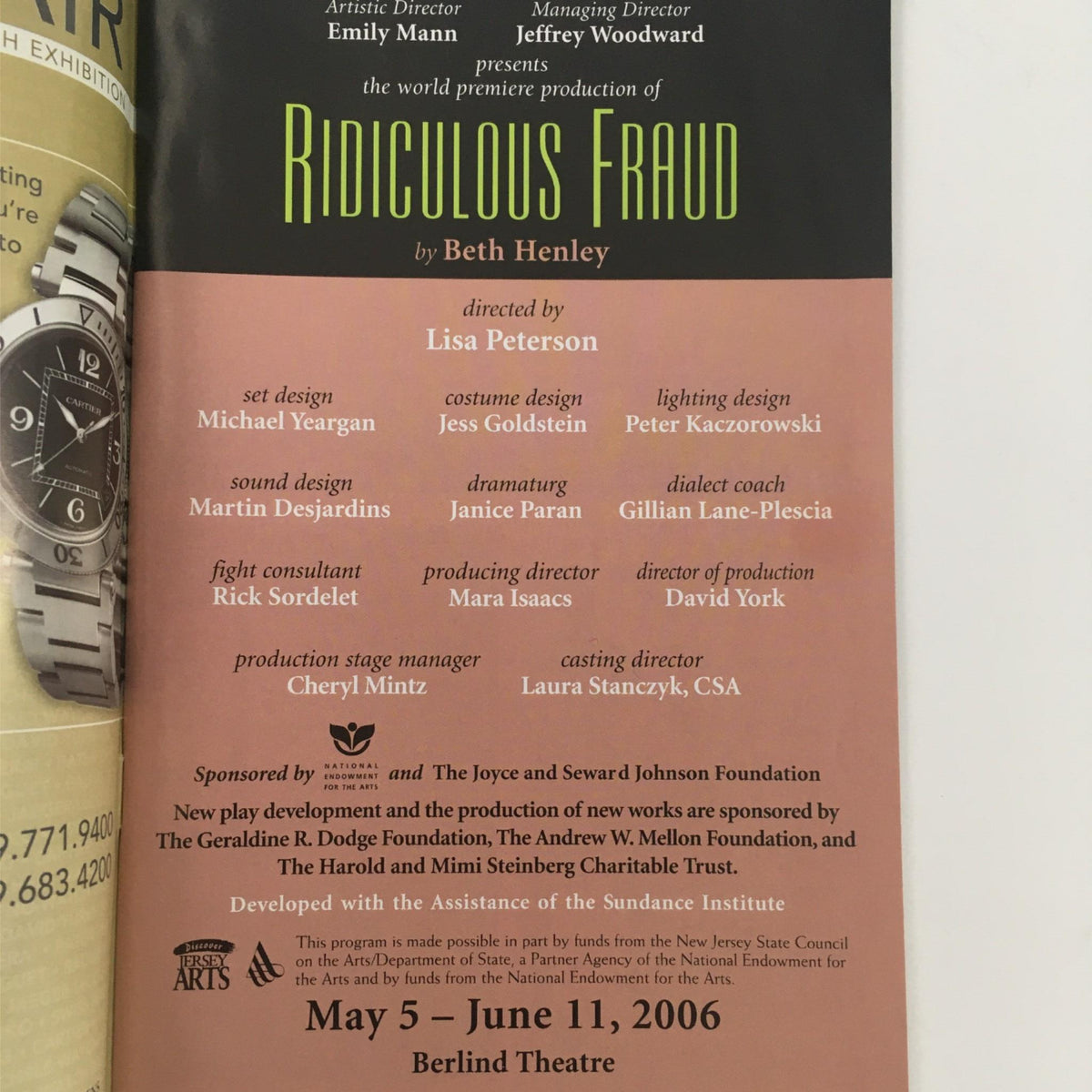 Inside page of the program for 2006 Ridiculous Fraud at Berlind Theatre by Beth Henley, Lisa Peterson, showcasing casting and production details.
