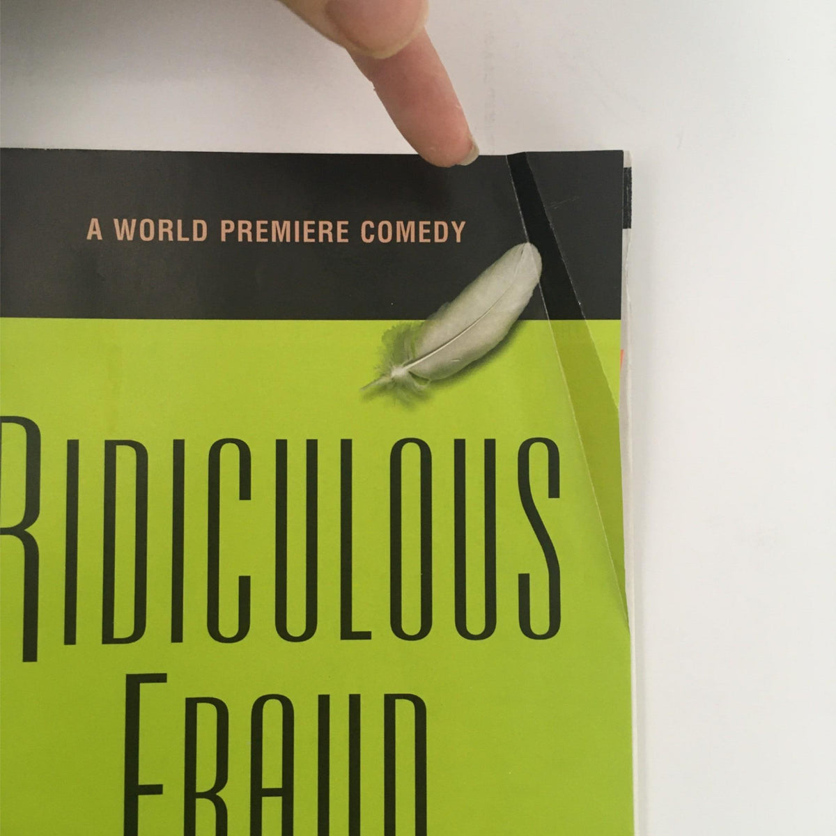 Cover of '2006 Ridiculous Fraud at Berlind Theatre' featuring a bright green background and a feather, highlighting a world premiere comedy by Beth Henley and Lisa Peterson.