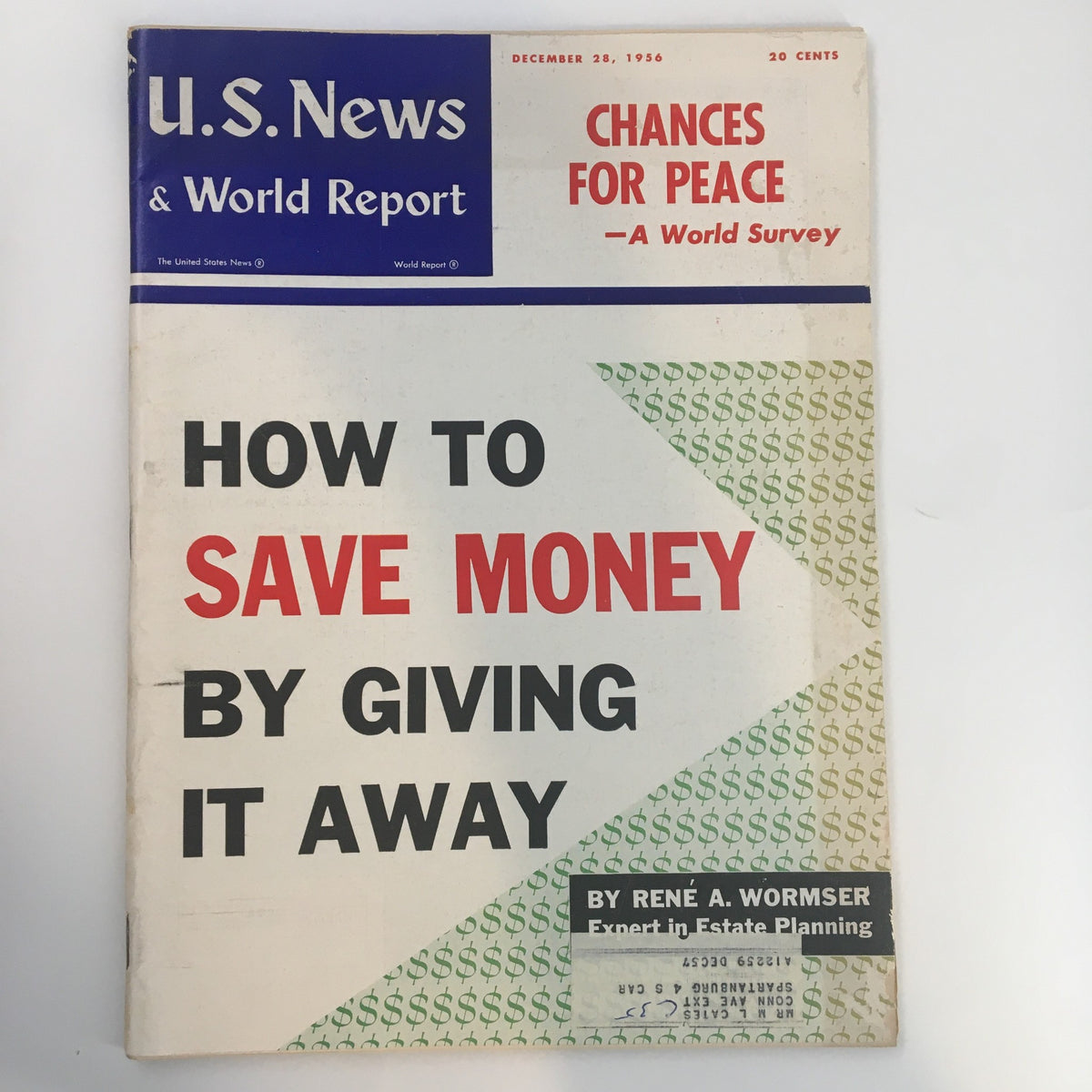 US News & World Report Magazine cover from December 28, 1956, featuring the title 'Chances For Peace - A World Survey' with an article about saving money.