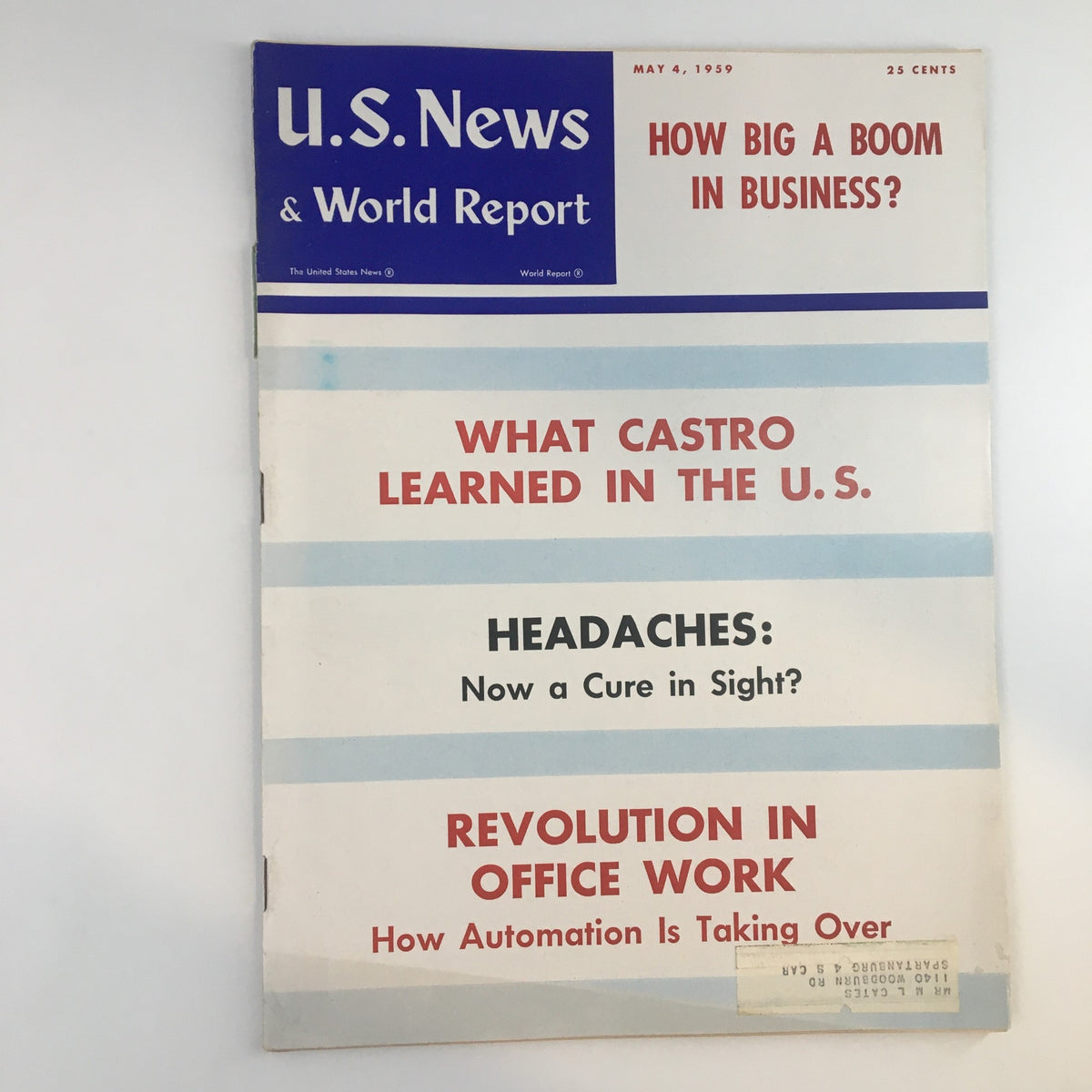 Cover of US News & World Report Magazine May 4 1959 featuring the headline 'What Castro Learned in the U.S.' alongside additional articles on business and health. Vintage magazine collectible.