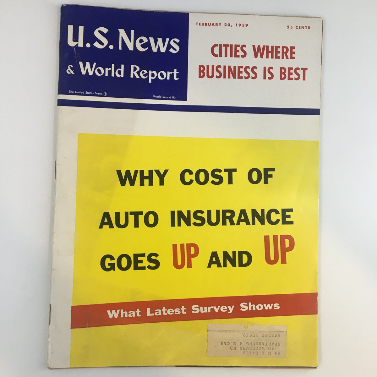 US News & World Report Magazine February 20 1959 cover featuring a bold yellow headline about rising auto insurance costs with additional text highlighting the latest survey results.