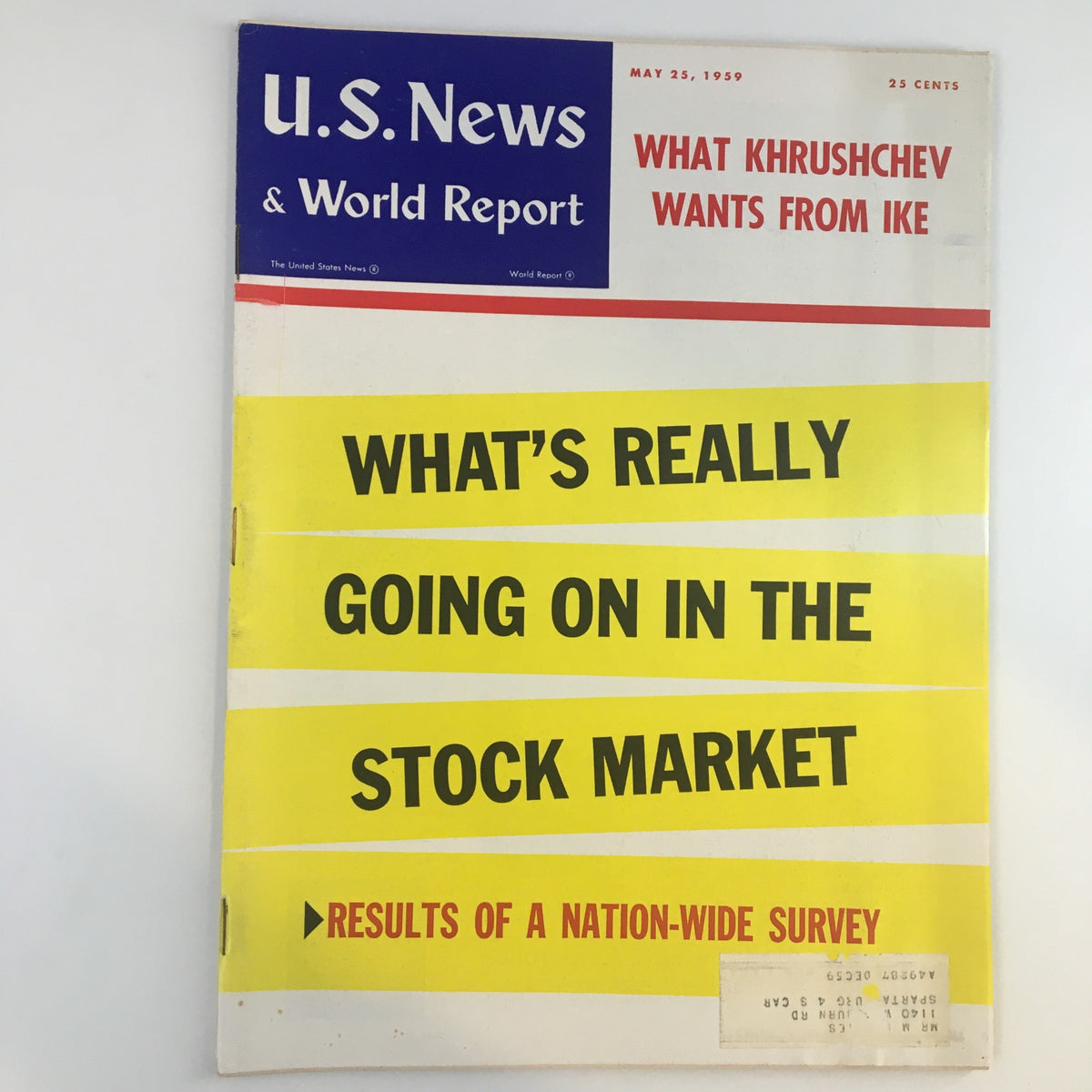 Cover of US News & World Report Magazine from May 25, 1959, featuring the headline 'What Khruschev Wants From Ike' with additional text about the stock market.