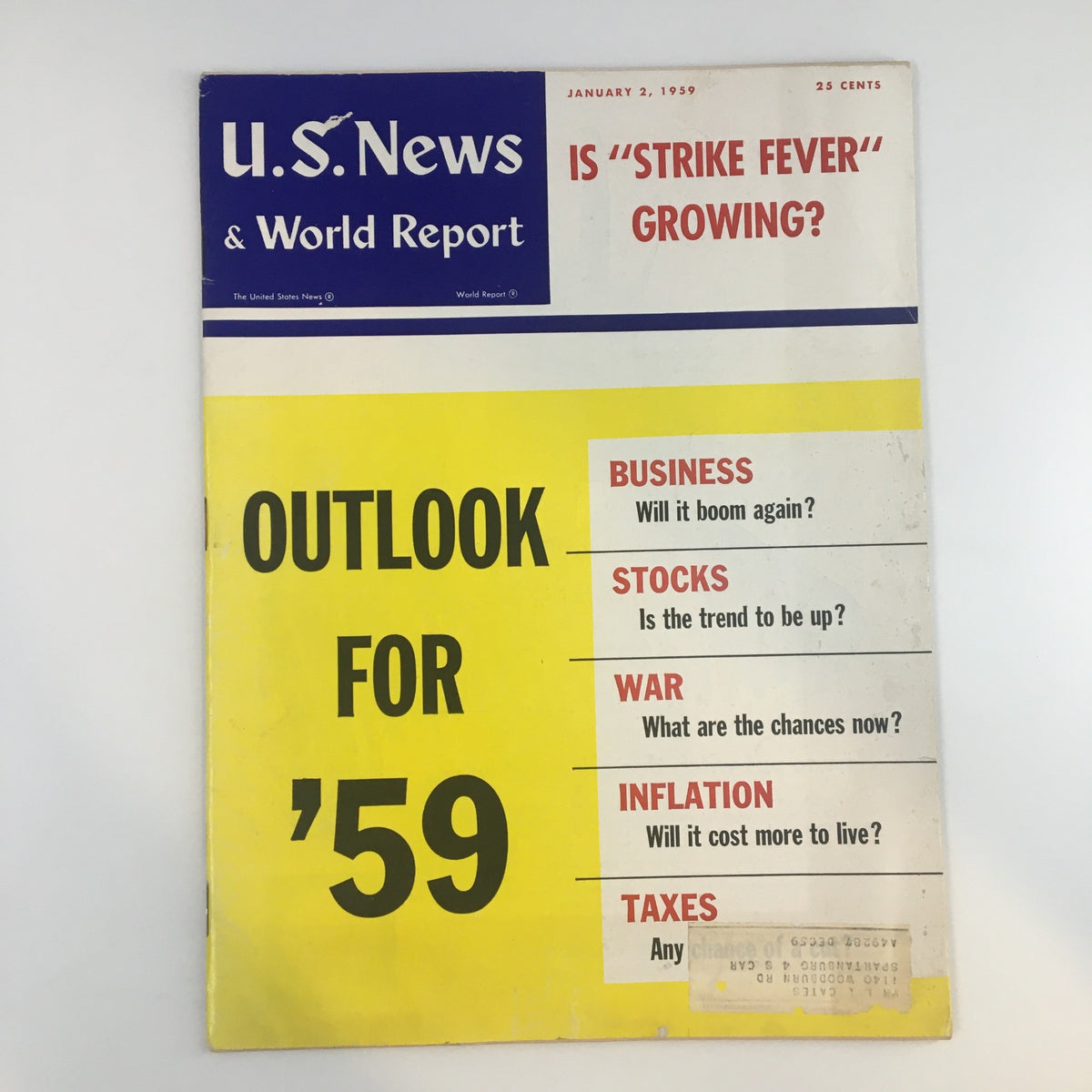 US News & World Report Magazine Cover dated January 2, 1959, featuring the headline 'Is Strike Fever Growing?' and discussing the economic outlook for 1959, including topics such as business, stocks, war, inflation, and taxes.