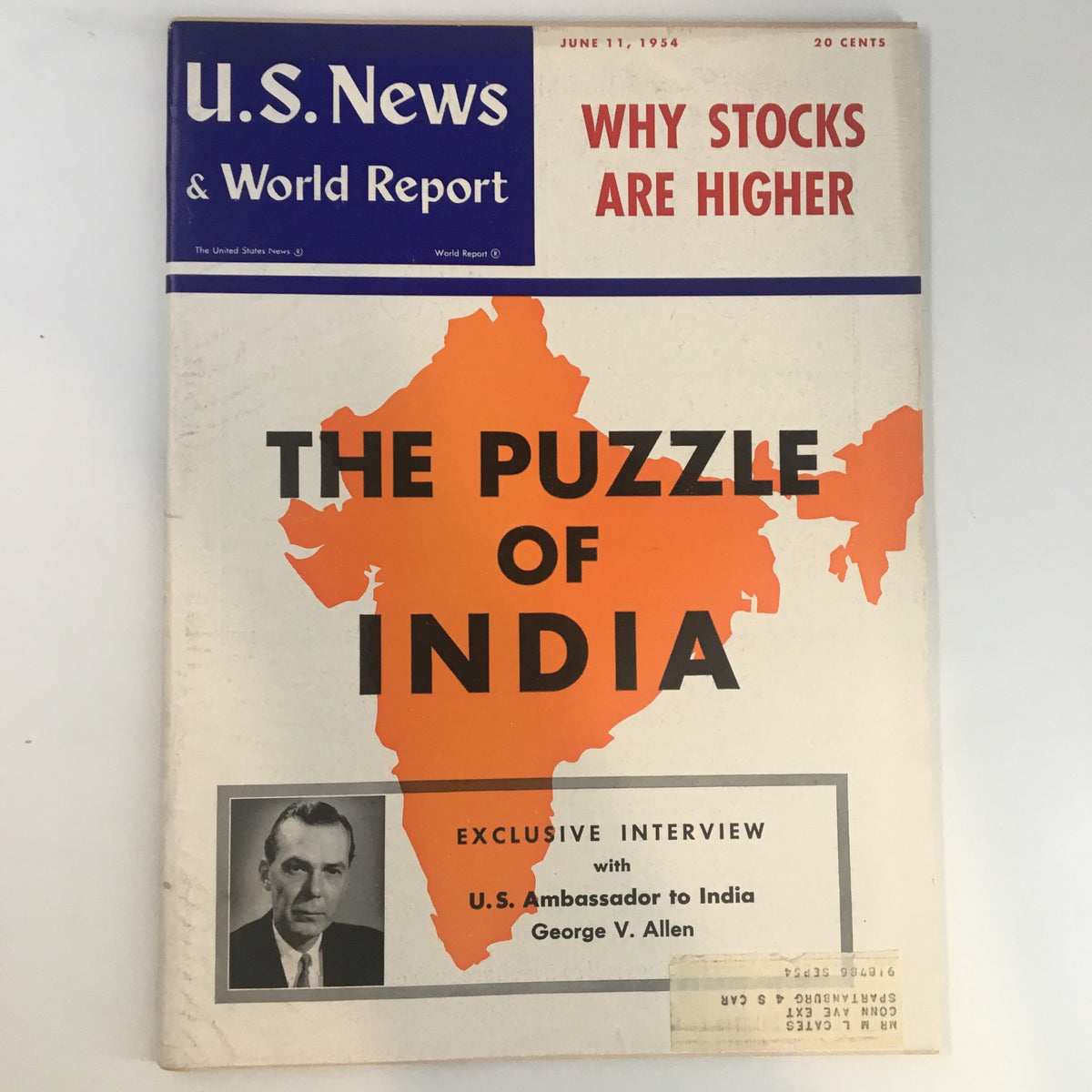 Cover of the US News & World Report Magazine dated June 11, 1954, featuring the title 'The Puzzle of India' with an image of India in orange and a photograph of U.S. Ambassador to India George V. Allen.