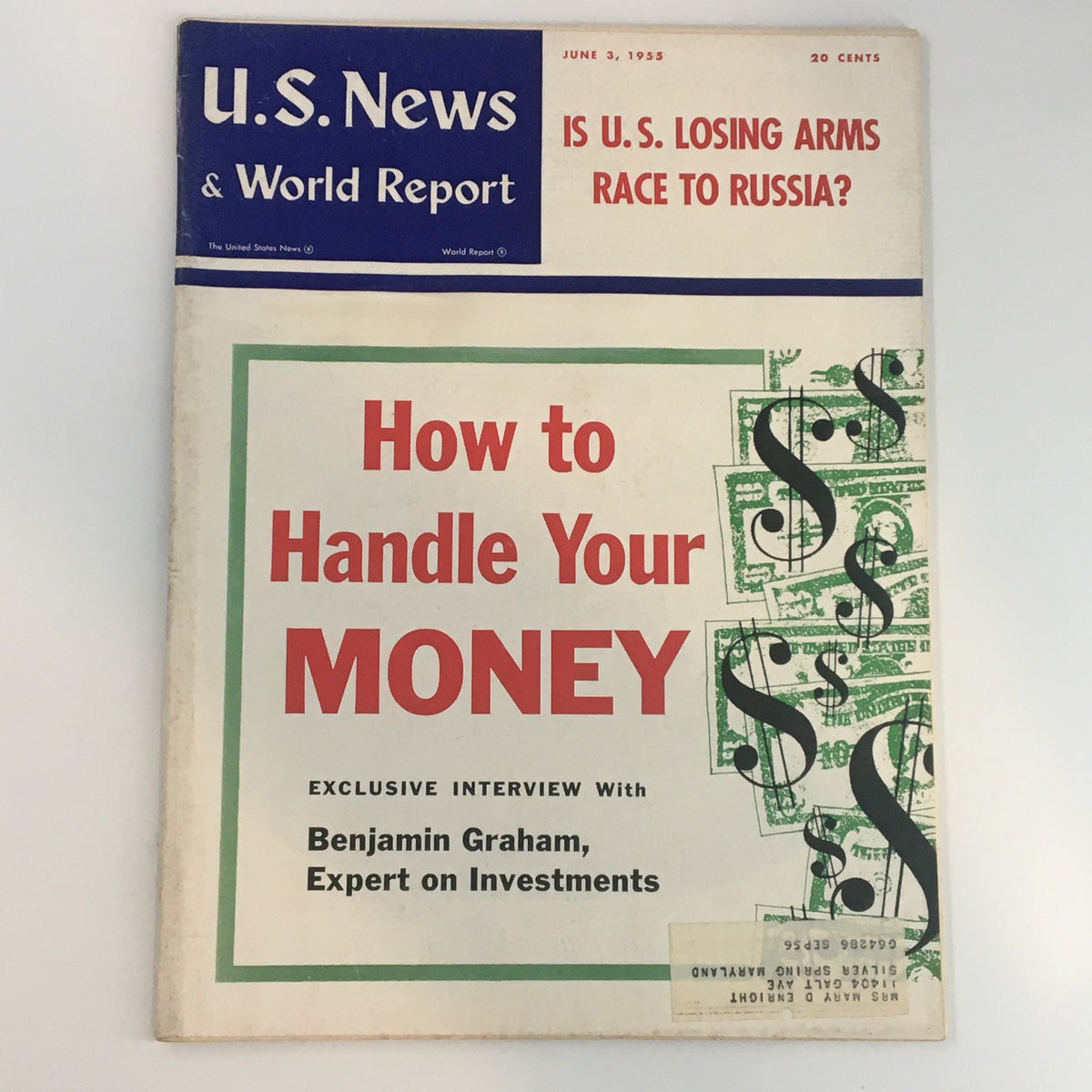 Cover of US News & World Report Magazine June 3 1955 featuring the article "How to Handle Your Money". The cover displays bold red and green graphics, highlighting financial themes and an exclusive interview with investment expert Benjamin Graham.