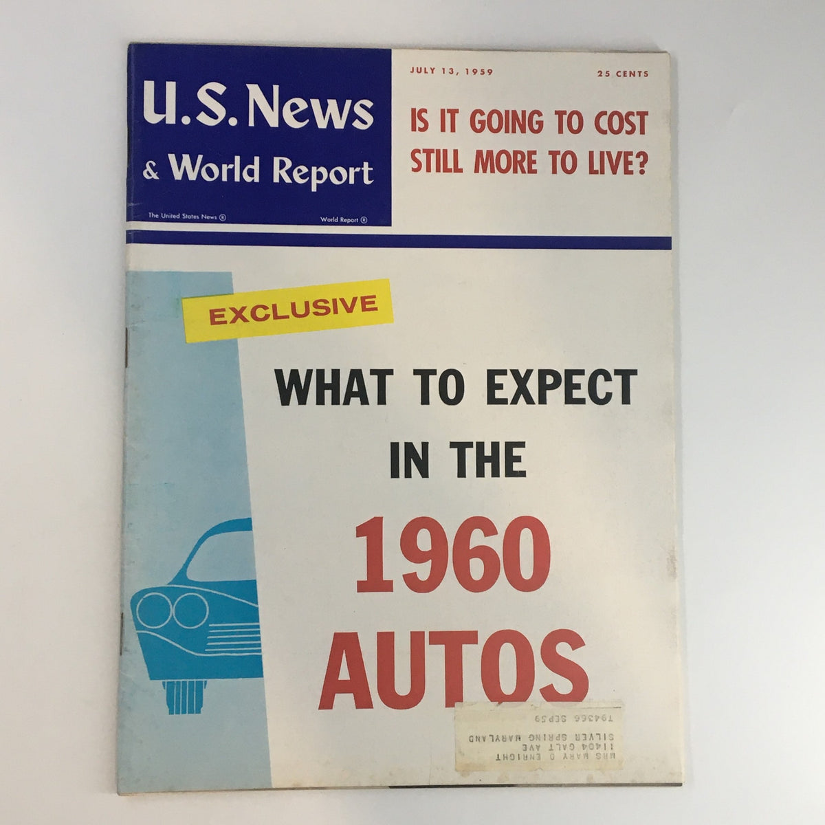 Cover of US News & World Report Magazine July 13 1959 featuring the title 'What To Expect in the 1960 Autos' with a vintage car illustration and a label stating 'Exclusive'.
