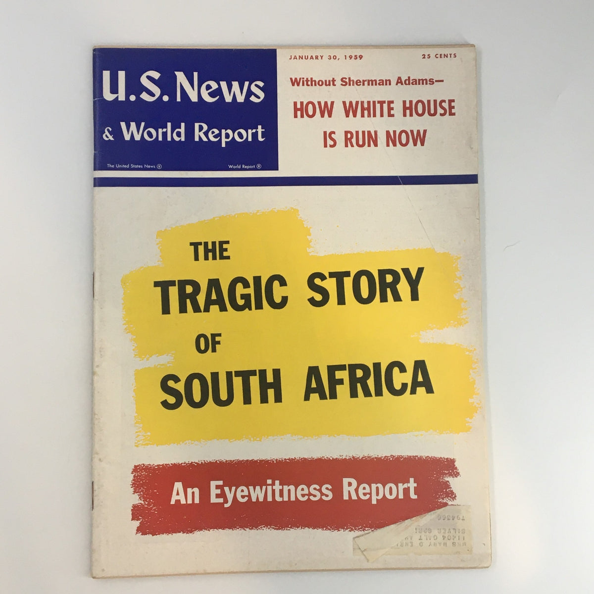 Cover of US News & World Report Magazine dated January 30, 1959, featuring the headline 'The Tragic Story of South Africa' and additional topics on the White House.