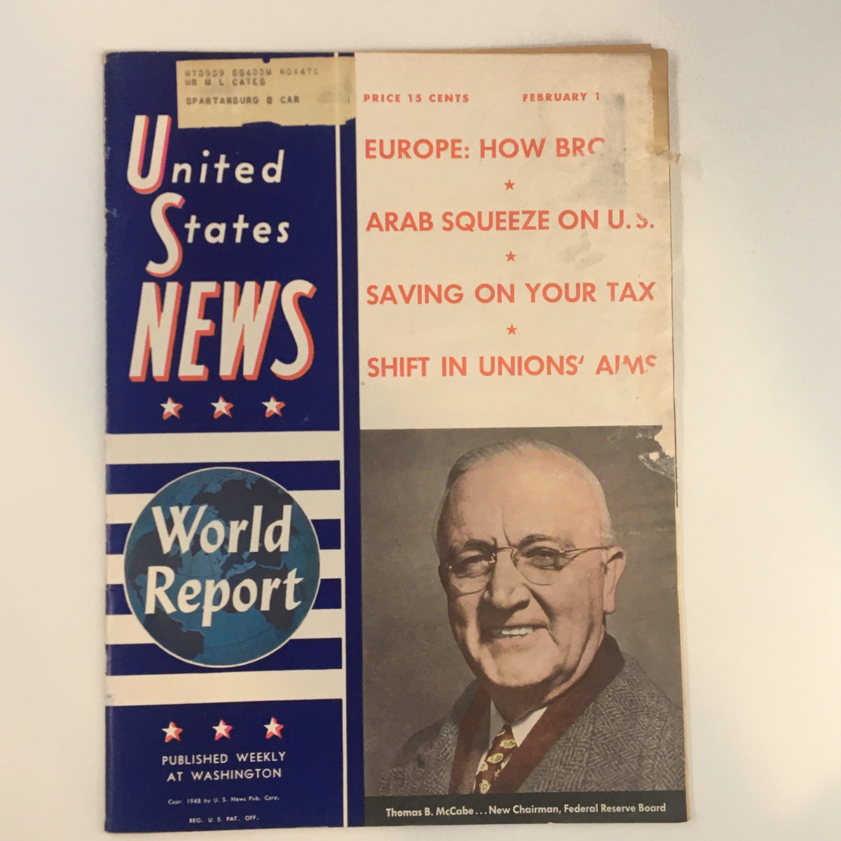 Cover of the United States News World Report dated February 13, 1948, featuring Chairman Thomas B. McCabe, with articles on Europe, U.S. taxes, and union shifts, showcasing vintage design and historical significance.