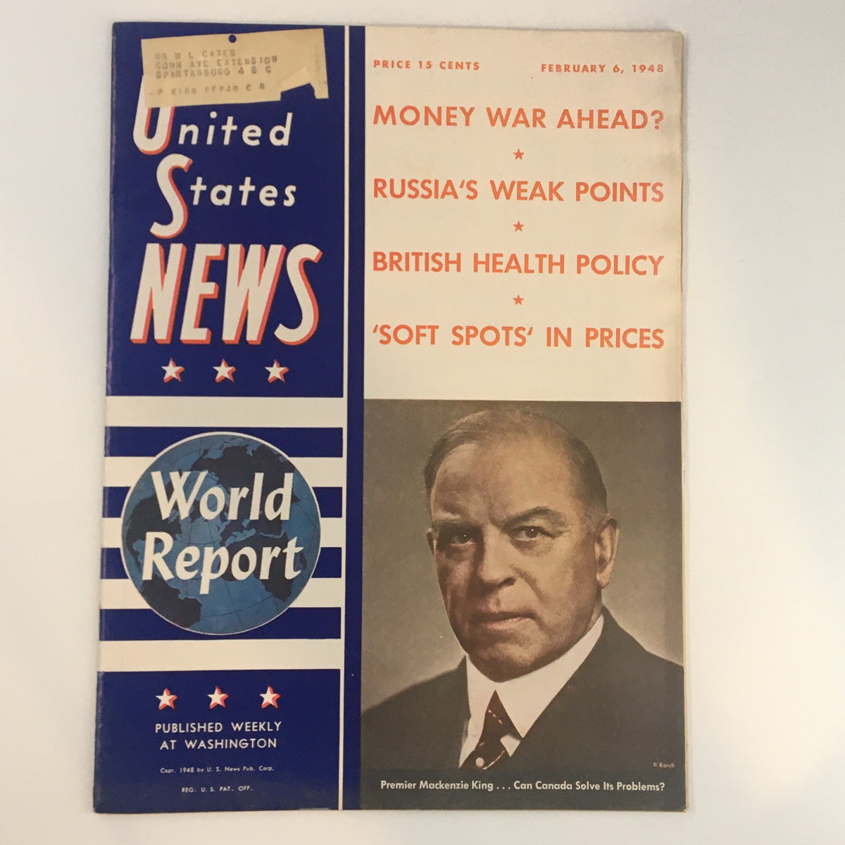 Cover of the United States News World Report from February 6, 1948, featuring Canada Premier Mackenzie King and headlines about global economic concerns.