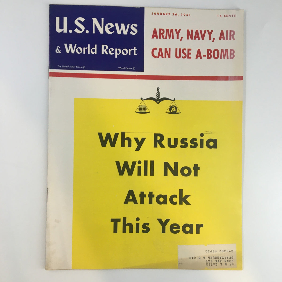 Cover of U.S. News & World Report Magazine from January 26, 1951, featuring the headline 'Army, Navy, Air Can Use A-Bomb' and an article titled 'Why Russia Will Not Attack This Year'.