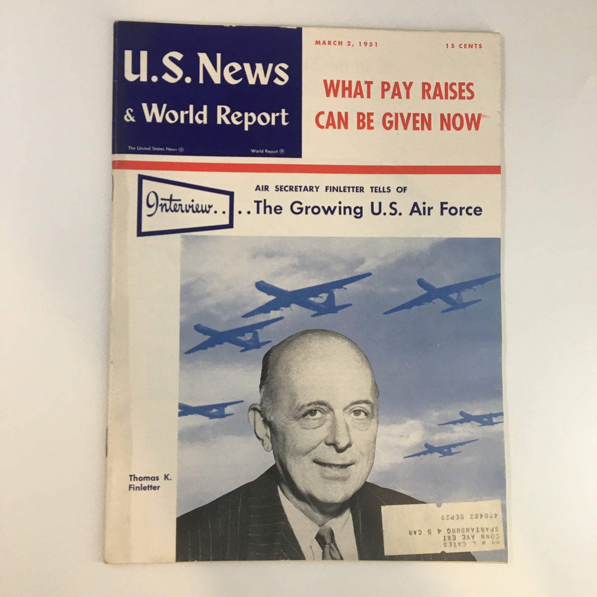 Cover of U.S. News & World Report Magazine, March 2, 1951, featuring the title 'What Pay Raises Can Be Given Now' and an image of author Thomas K. Finletter with aircraft in the background.