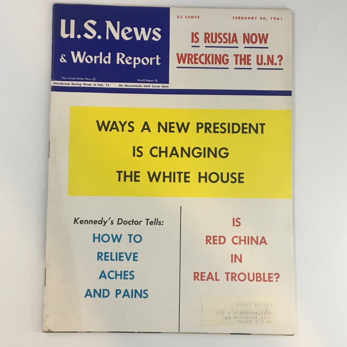 Cover of U.S. News & World Report magazine from February 20, 1961, featuring the headline 'Is Russia Wrecking the U.N.?' along with articles on the changes in the White House and health advice from Kennedy's doctor.