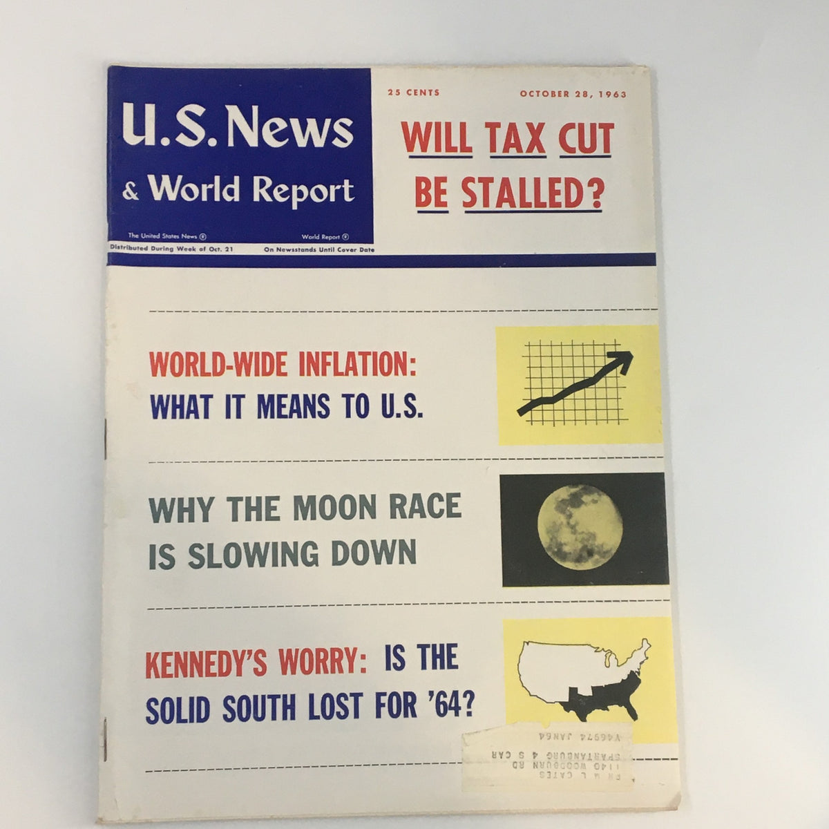 Cover of U.S. News & World Report Magazine from October 28, 1963, featuring the main headline "Will Tax Cut Be Stalled?", with additional sections on world-wide inflation, the moon race, and political concerns for the 1964 election.