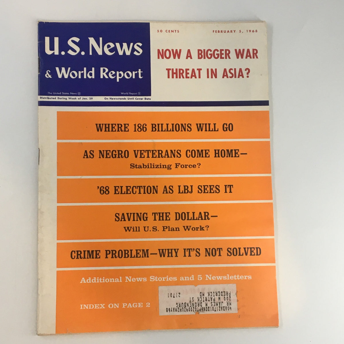 U.S. News & World Report Magazine cover from February 5, 1968, featuring the headline 'As Negro Veterans Come Home', highlighting important articles and discussions on social issues of the era.