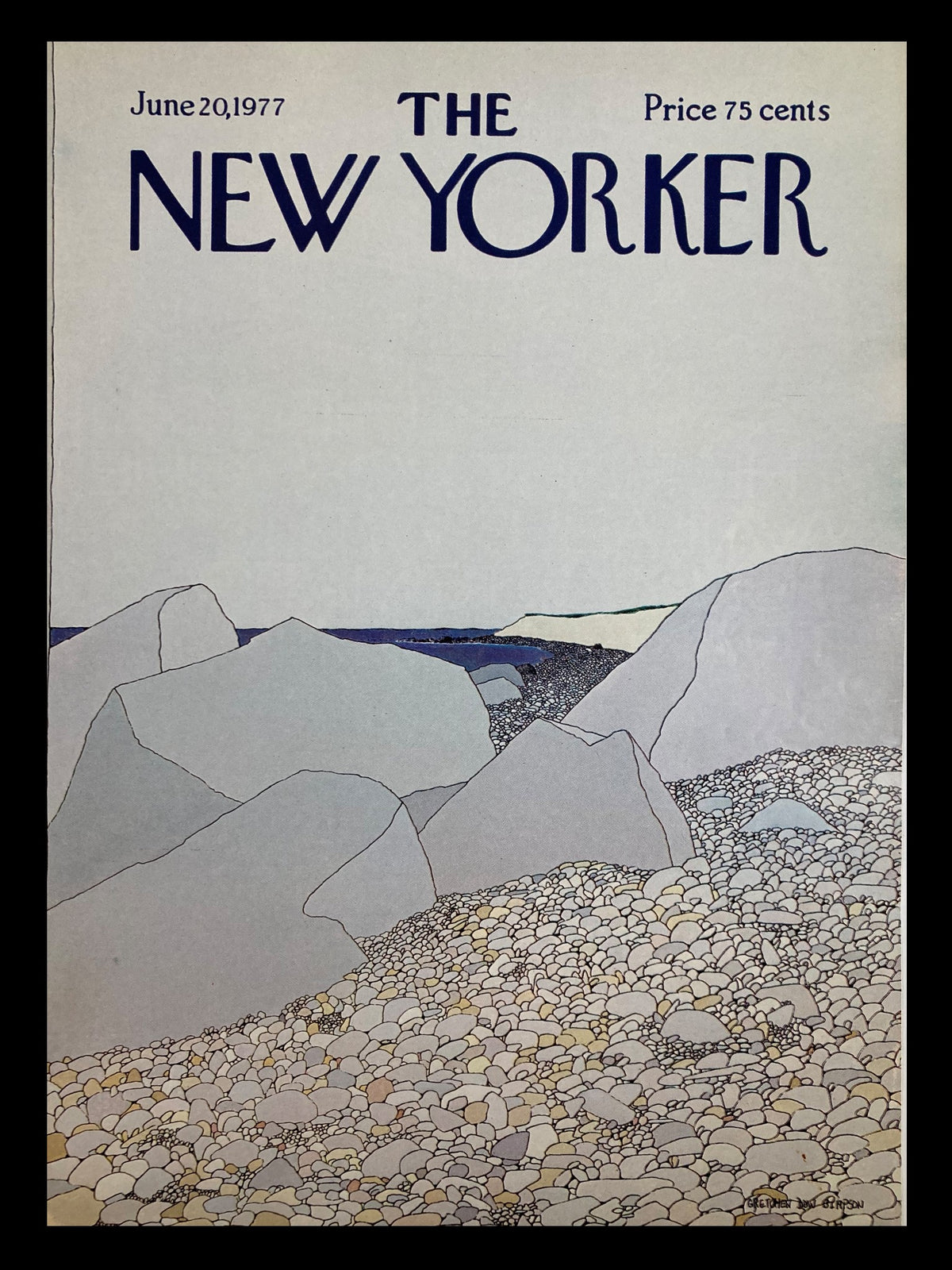 Cover only of The New Yorker magazine dated June 20, 1977, featuring the artwork 'Rocky Shore' by Gretchen Dow Simpson. The design showcases stylized rocks and pebbles against a serene coastal backdrop, highlighting the elegance of vintage magazine art.