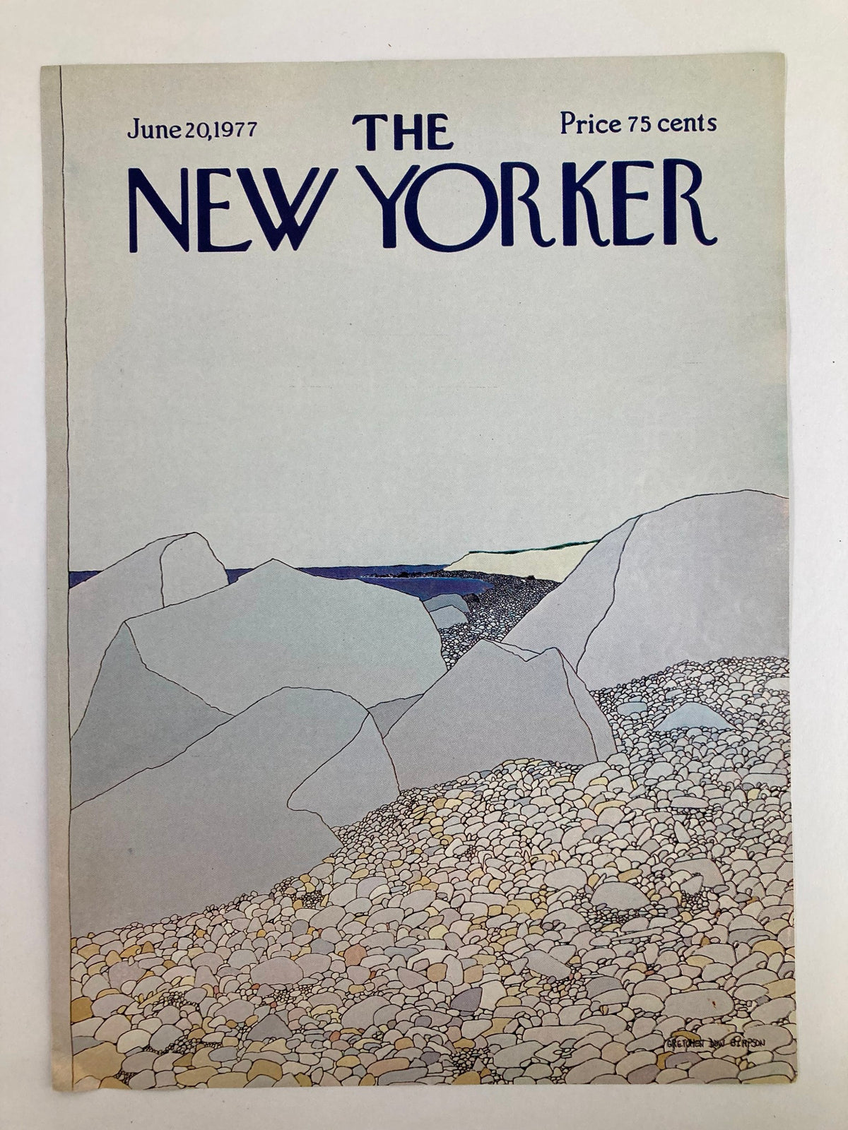 Cover only of The New Yorker magazine from June 20, 1977, displaying the artwork 'Rocky Shore' by Gretchen Dow Simpson. The illustration depicts an artistic interpretation of rocky coastal scenery, emphasizing the vintage aesthetic and cultural significance of the era.