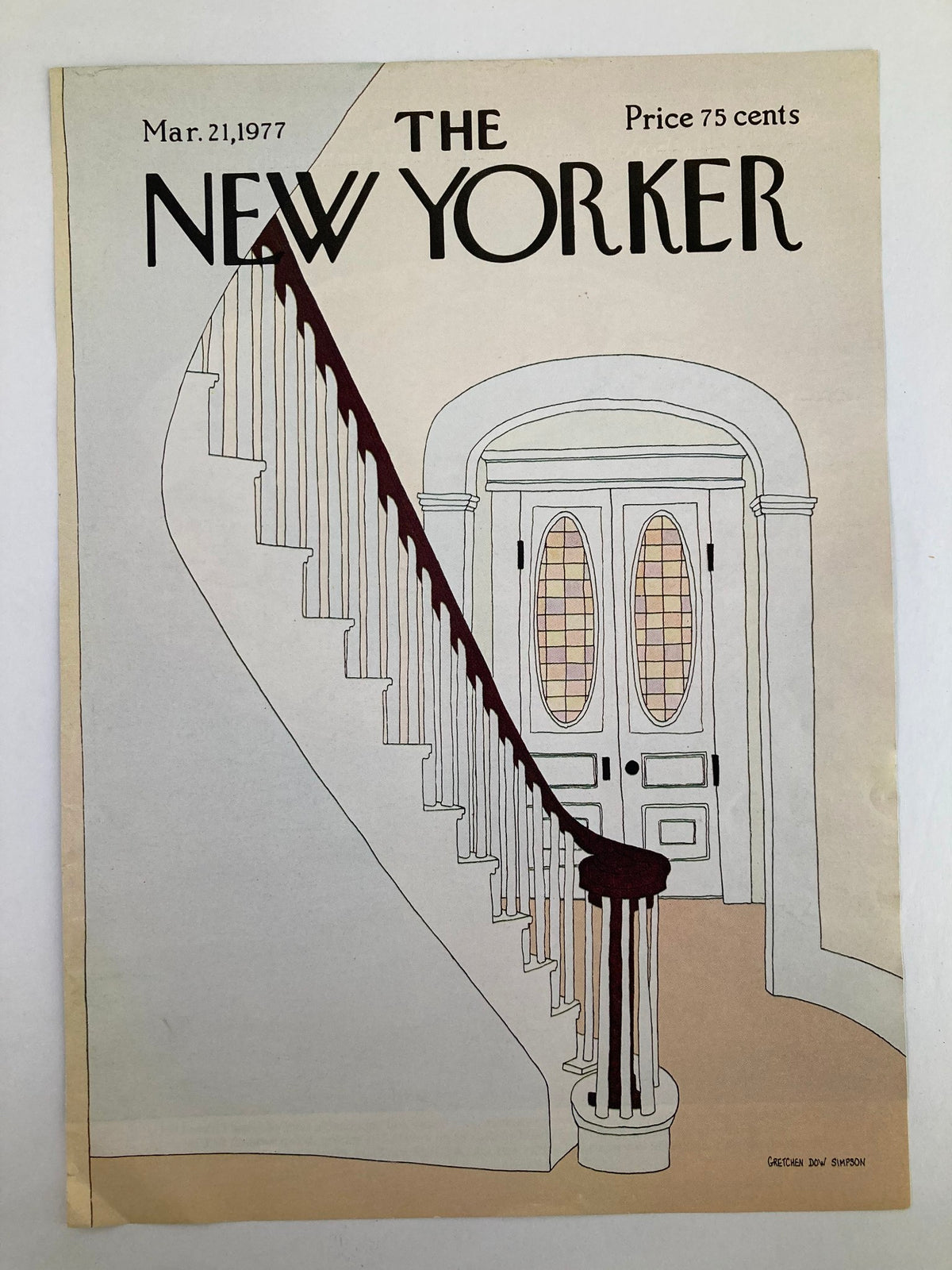 Cover of The New Yorker magazine dated March 21, 1977, depicting a staircase illustration by Gretchen Dow Simpson, showcasing stylish architectural details and design.