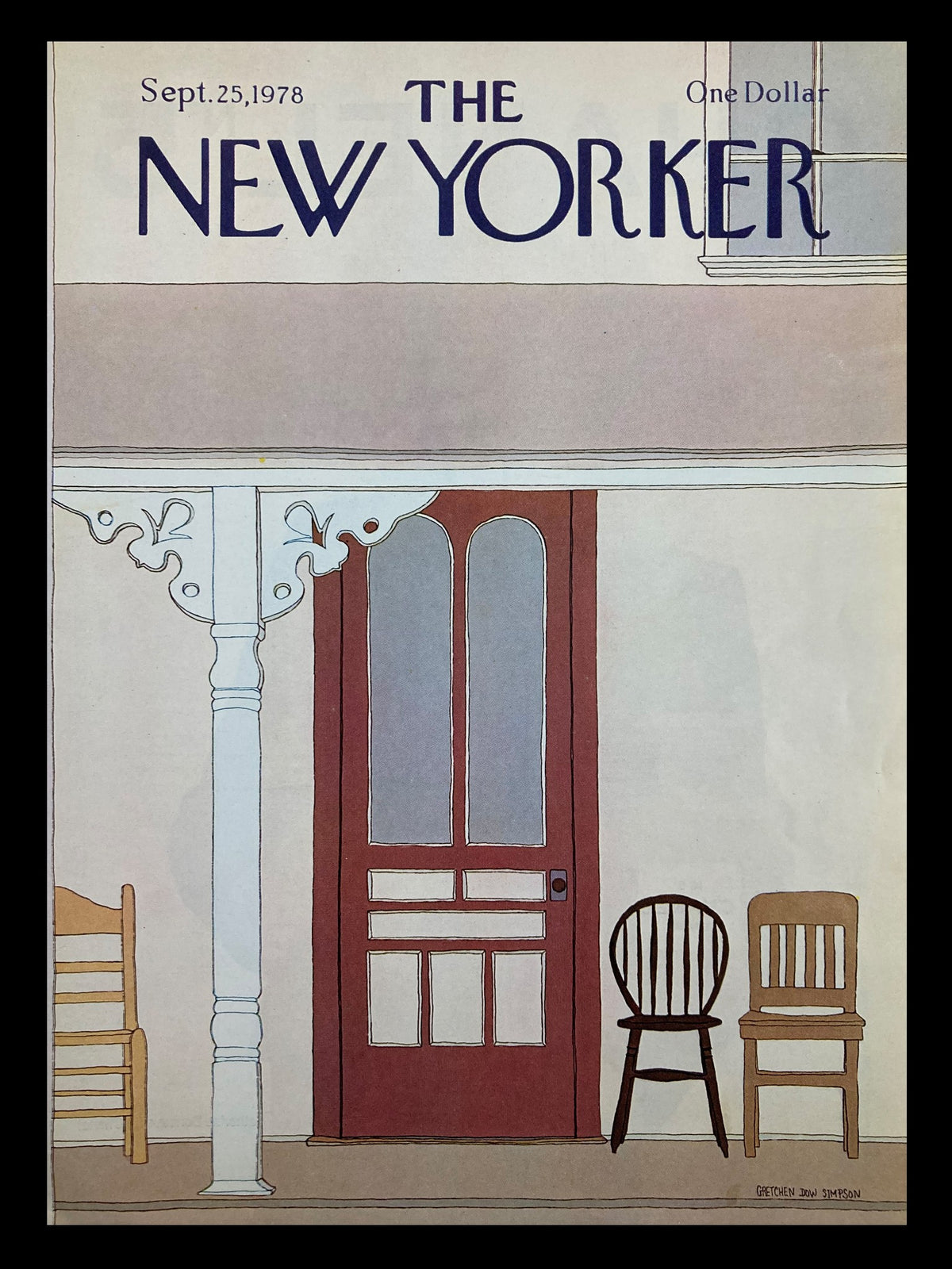 Cover image of The New Yorker September 25 1978 titled 'Red Door' by Gretchen Dow Simpson, showcasing a red door and simple chairs on a porch.