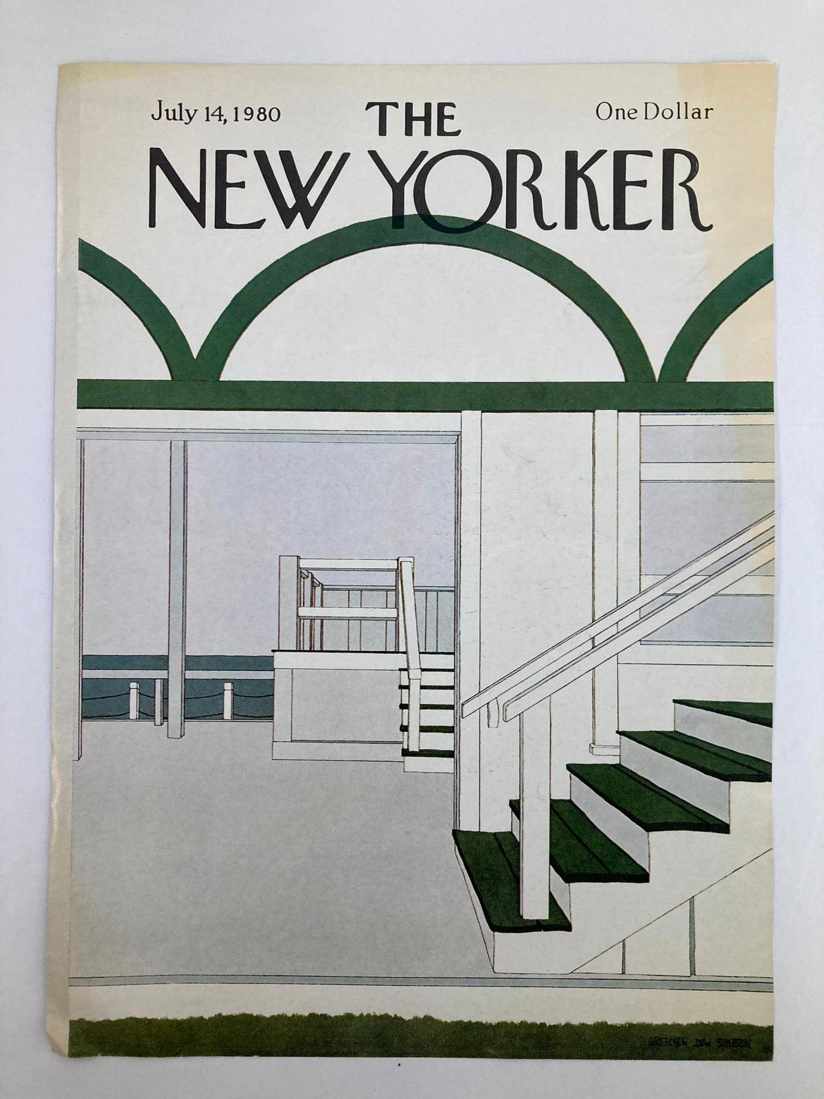 COVER ONLY The New Yorker July 14 1980 with the design 'Stairs' by Gretchen Dow Simpson, depicting an elegant architectural space with green accents and a seaside view, ideal for vintage magazine enthusiasts.
