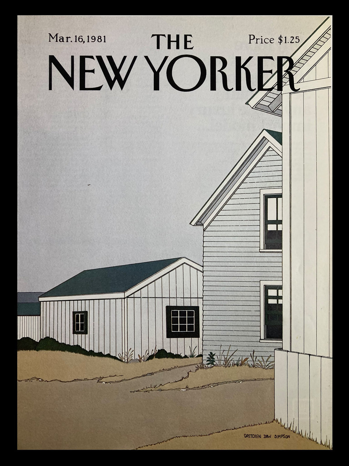 The New Yorker cover from March 16, 1981, titled 'Empty Houses' by Gretchen Dow Simpson, featuring a minimalist illustration of white houses and a gray background.