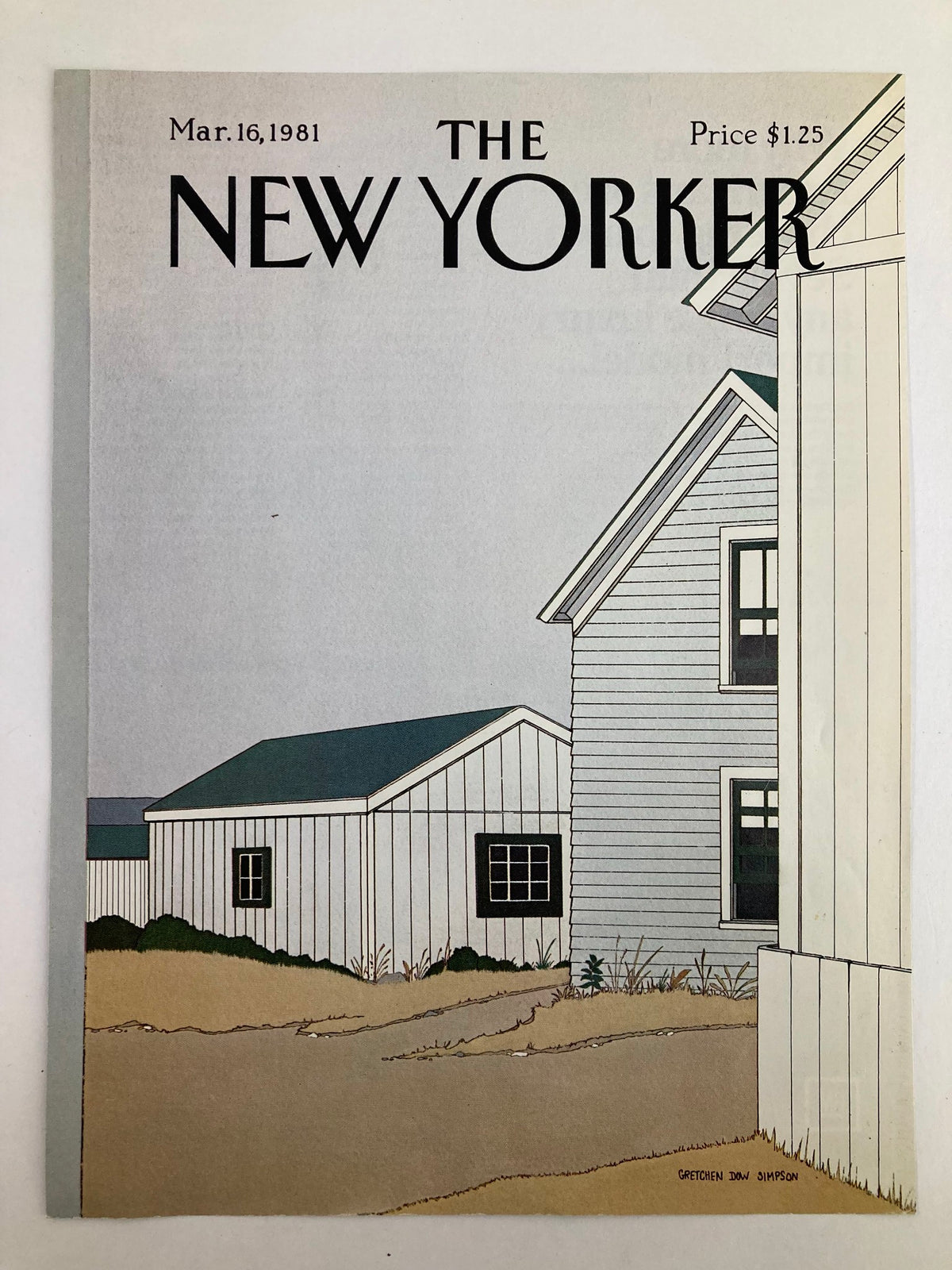 The New Yorker cover dated March 16, 1981, showcasing 'Empty Houses' by Gretchen Dow Simpson, depicting simplistic architecture and a muted color palette.