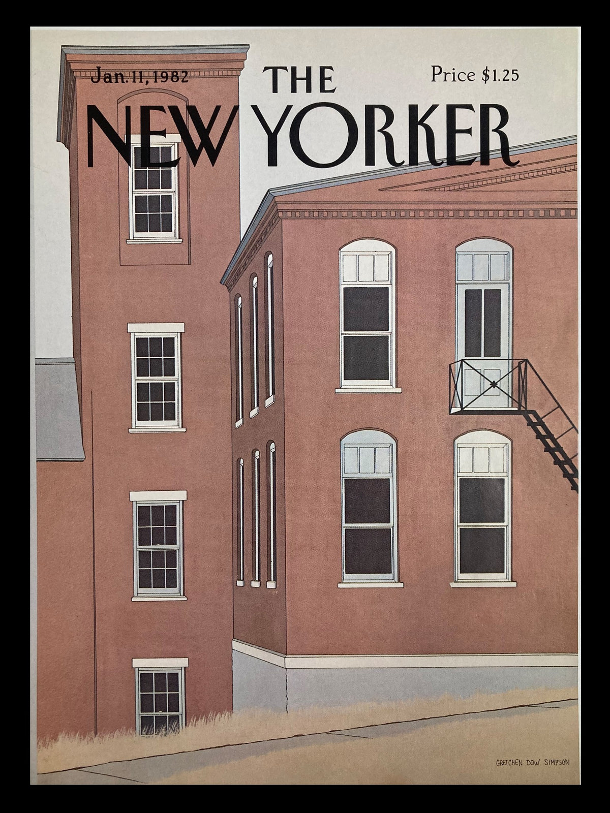 Cover of The New Yorker dated January 11, 1982, featuring a red building illustration by Gretchen Dow Simpson.