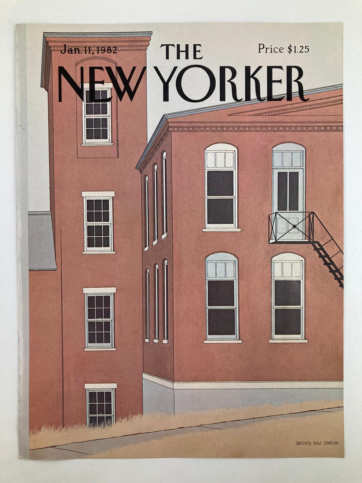 Cover of The New Yorker dated January 11, 1982, showcasing a red building artwork by Gretchen Dow Simpson.