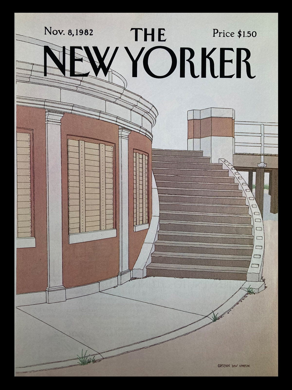 Cover of The New Yorker dated November 8, 1982, featuring a drawing of curved stairs by Gretchen Dow Simpson, priced at $1.50. The illustration depicts a round building with windows adjacent to the stairs.