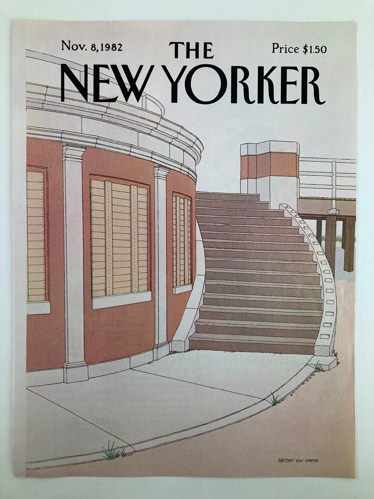 Cover of The New Yorker from November 8, 1982, highlighting curved stairs artwork by Gretchen Dow Simpson. The cover shows a stylized architectural design with a round structure and concrete steps, priced at $1.50.