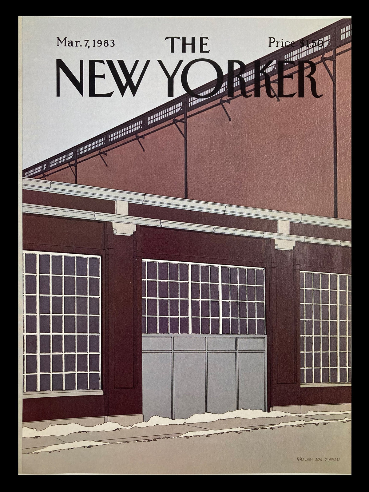 Cover of The New Yorker magazine from March 7, 1983 featuring the illustration 'The Barn' by Gretchen Dow Simpson, showcasing a rustic scene with large windows and a snow-covered foreground.