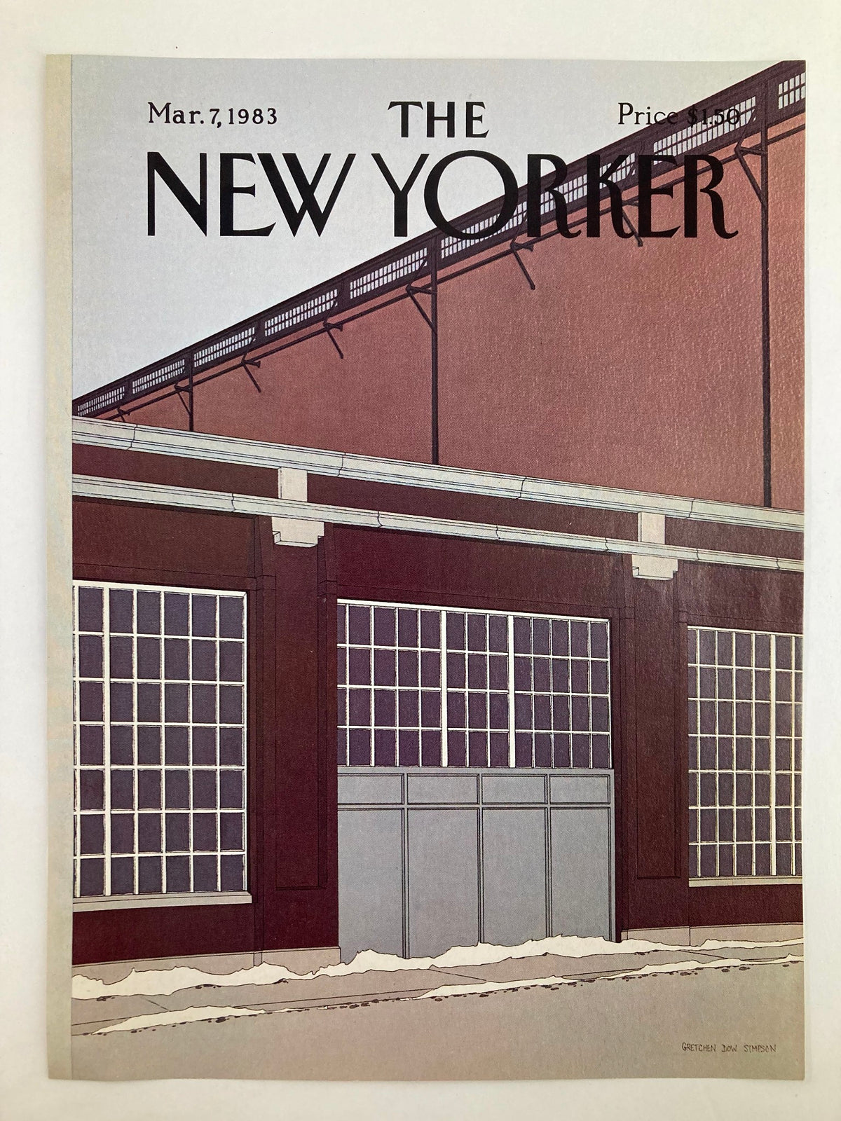 Cover of The New Yorker magazine dated March 7, 1983, displaying the artwork 'The Barn' by Gretchen Dow Simpson, depicting a detailed building facade with large windows and a snowy landscape.