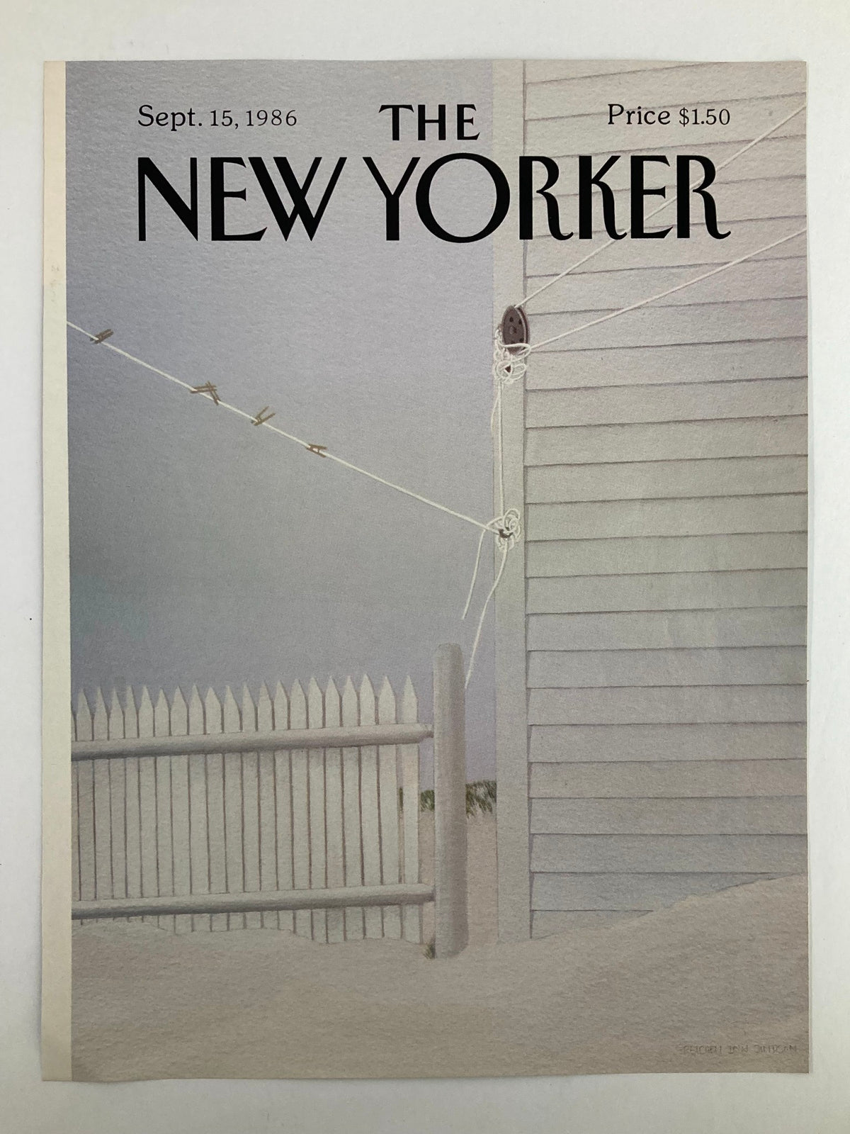 The New Yorker cover from September 15, 1986, showcasing 'Laundry Line' by Gretchen Dow Simpson, illustrating a tranquil setting with a clothesline and a white picket fence.