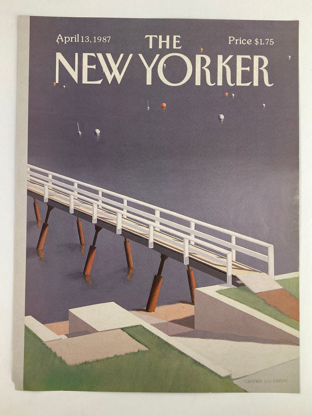 The New Yorker April 13, 1987 cover with the illustration 'Narrow Bridge' by Gretchen Dow Simpson, highlighting a scenic view of a bridge against a gray sky.