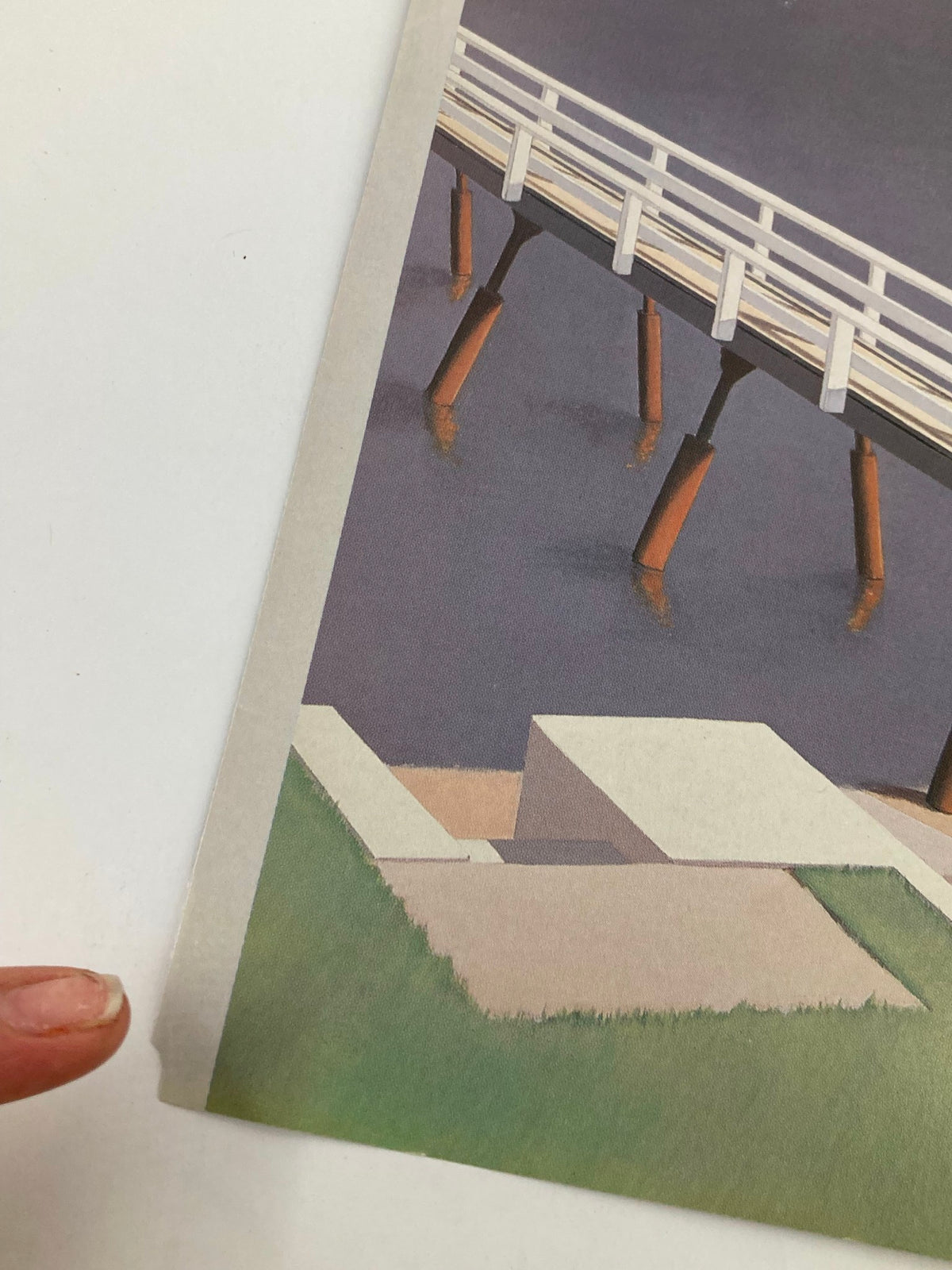 Close-up detail of The New Yorker April 13, 1987 cover depicting 'Narrow Bridge' by Gretchen Dow Simpson, illustrating the bridge's structure and water reflections.