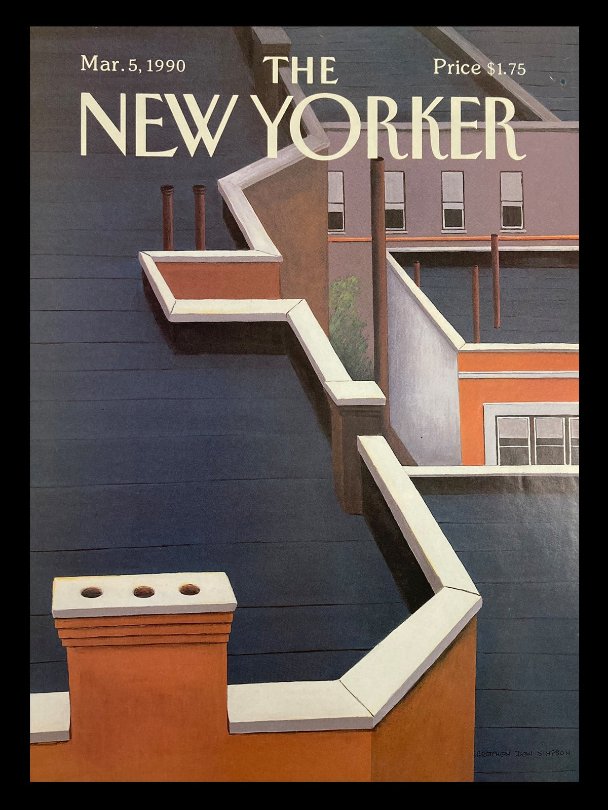 The New Yorker Cover March 5, 1990 titled 'Roofdeck Blues' by Gretchen Dow Simpson, featuring a rooftop view with distinct architectural lines and colors.